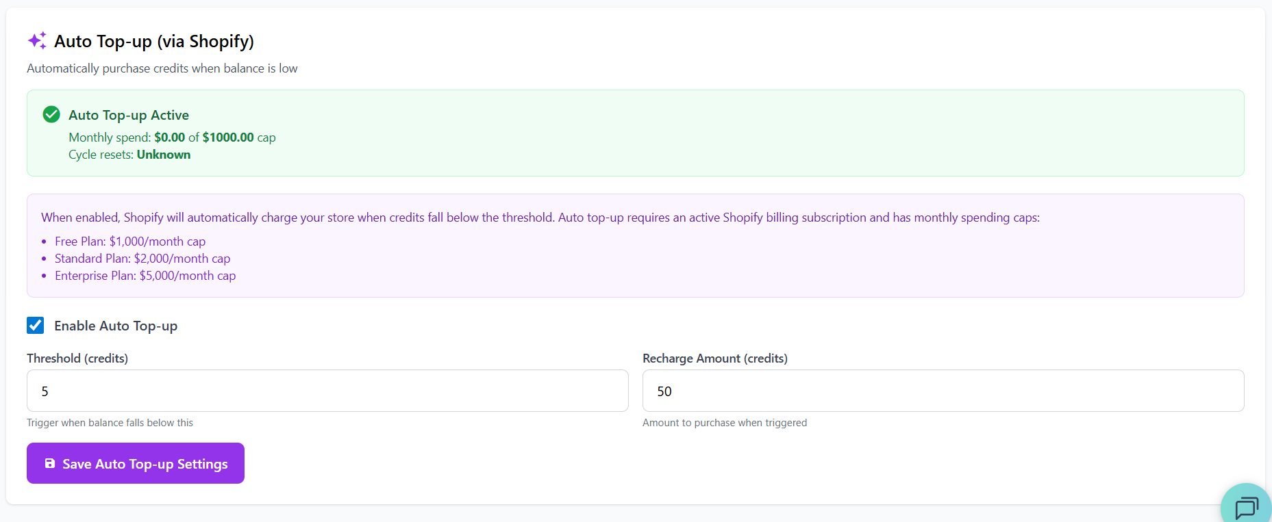 Auto top-up configuration with threshold and recharge amount settings