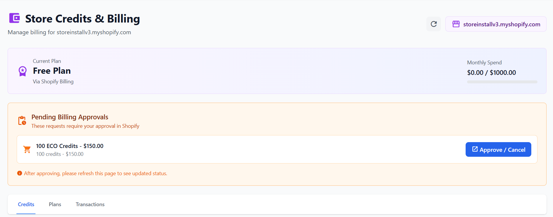 Store Credits & Billing page header showing current plan and pending approvals