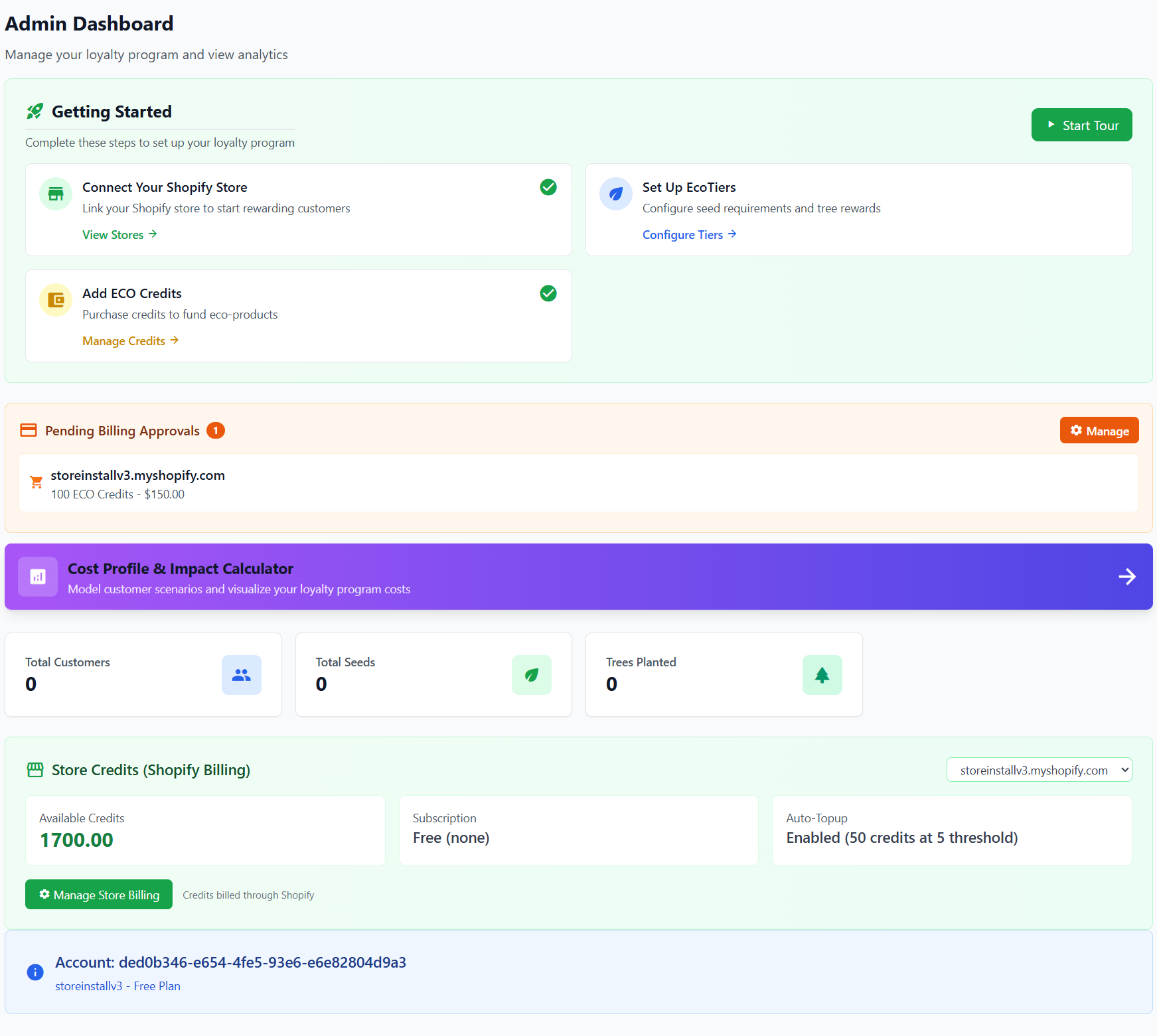 Admin dashboard showing store credits and billing overview