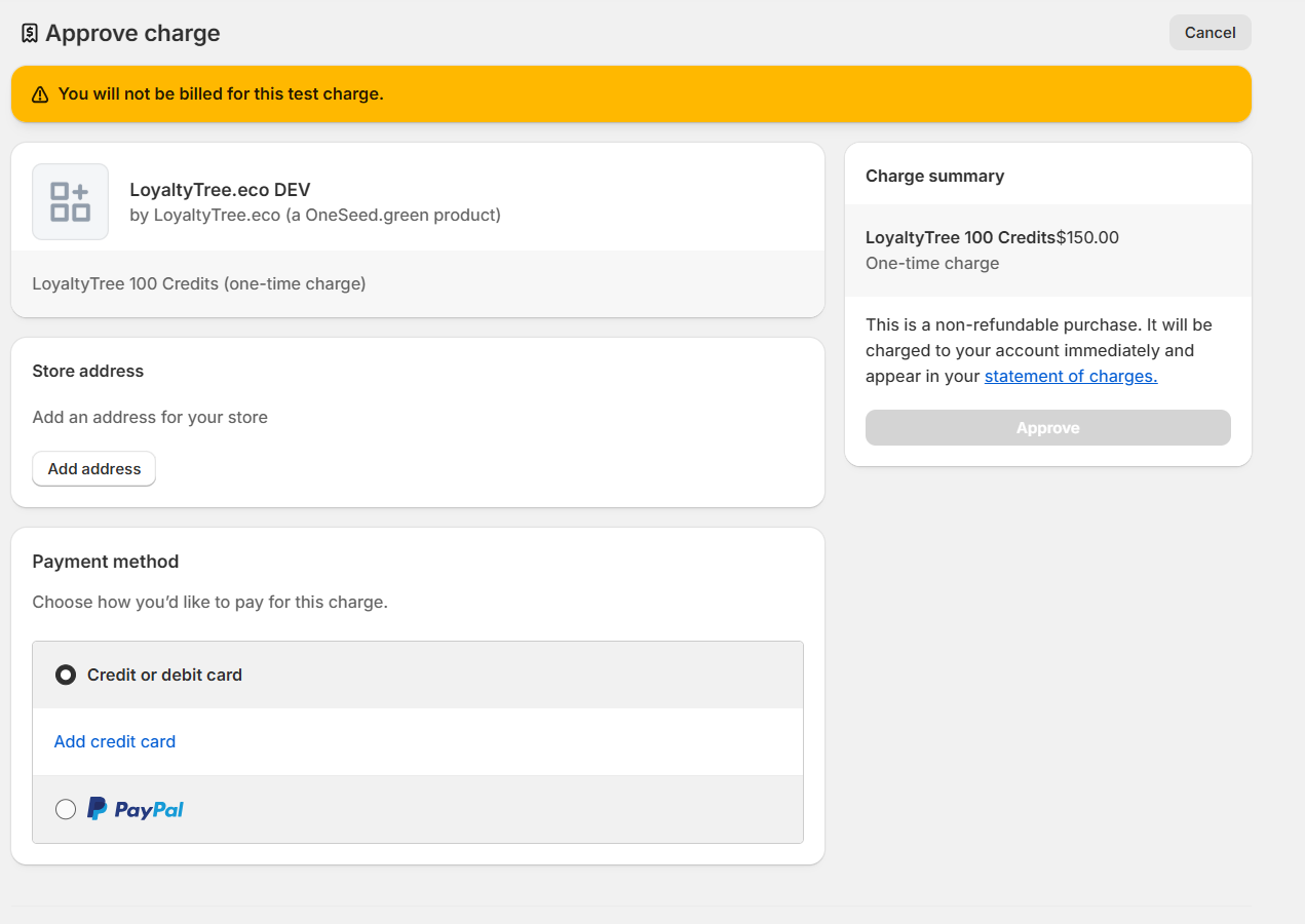 Shopify approval page for credit purchase