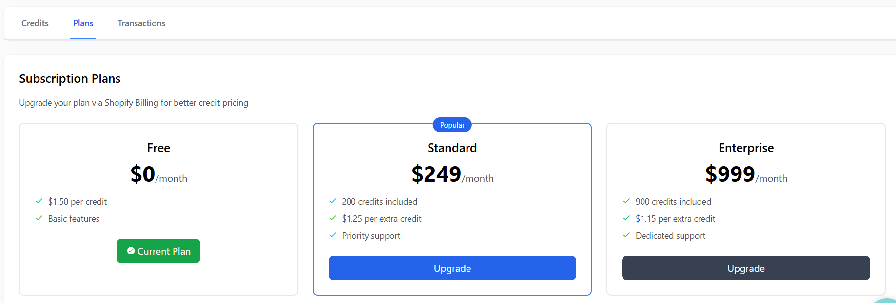 Subscription plans showing Free, Standard, and Enterprise options