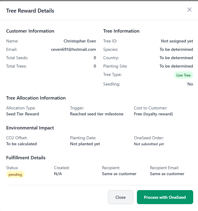 Tree reward details and configuration