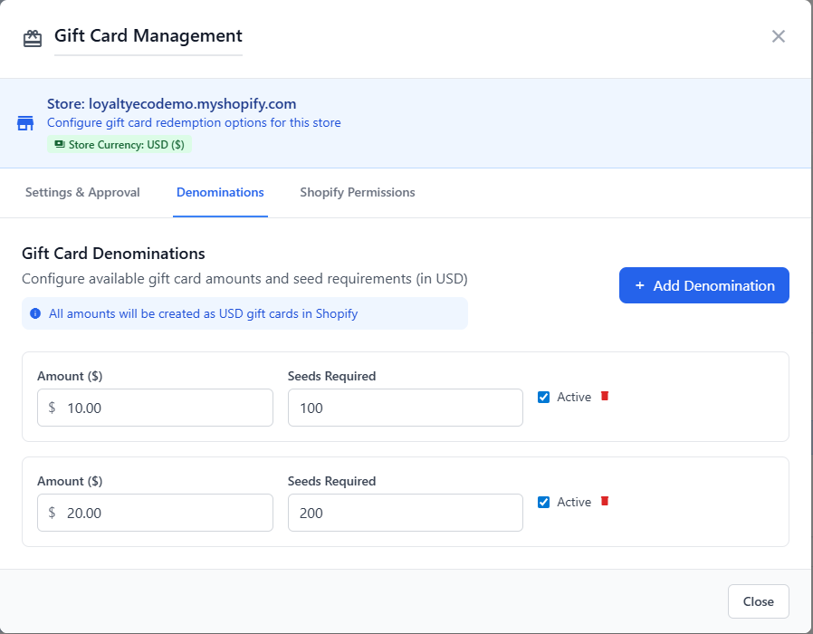 Gift card denomination configuration