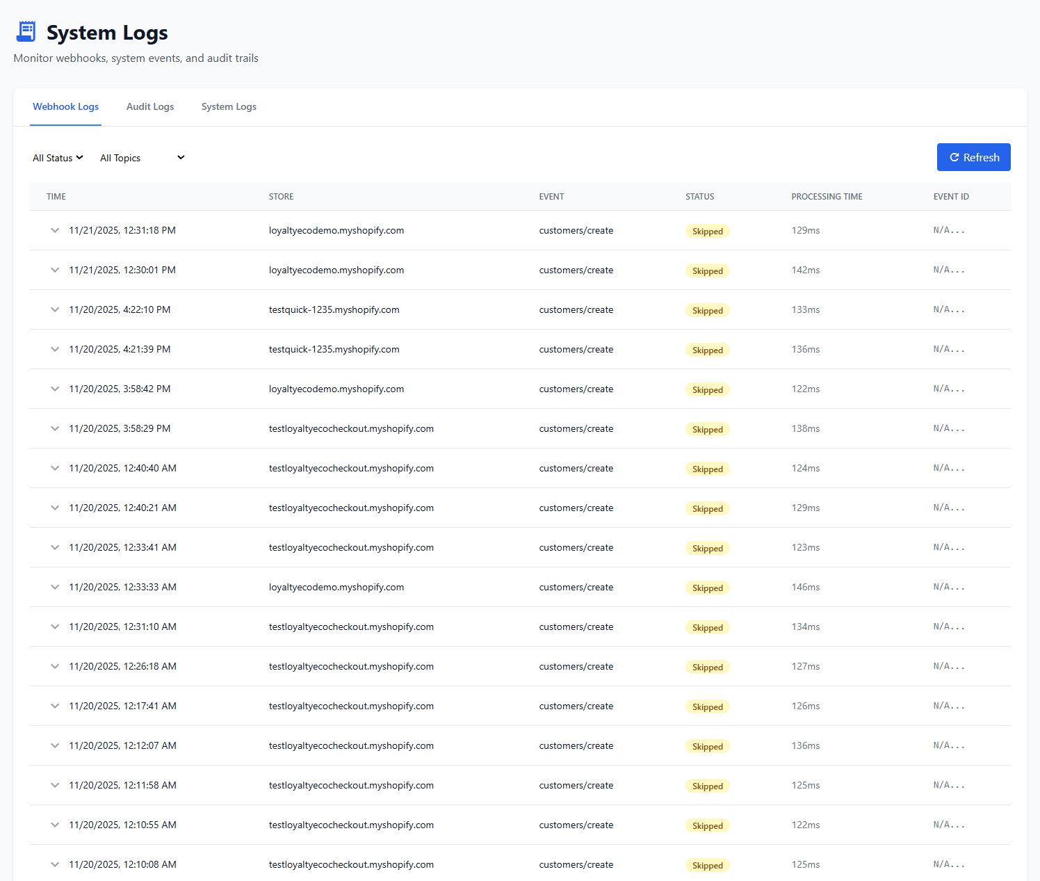 Webhook logs and debugging interface