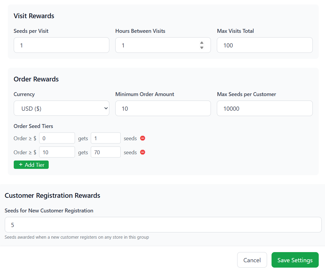 Loyalty Group Seed Settings