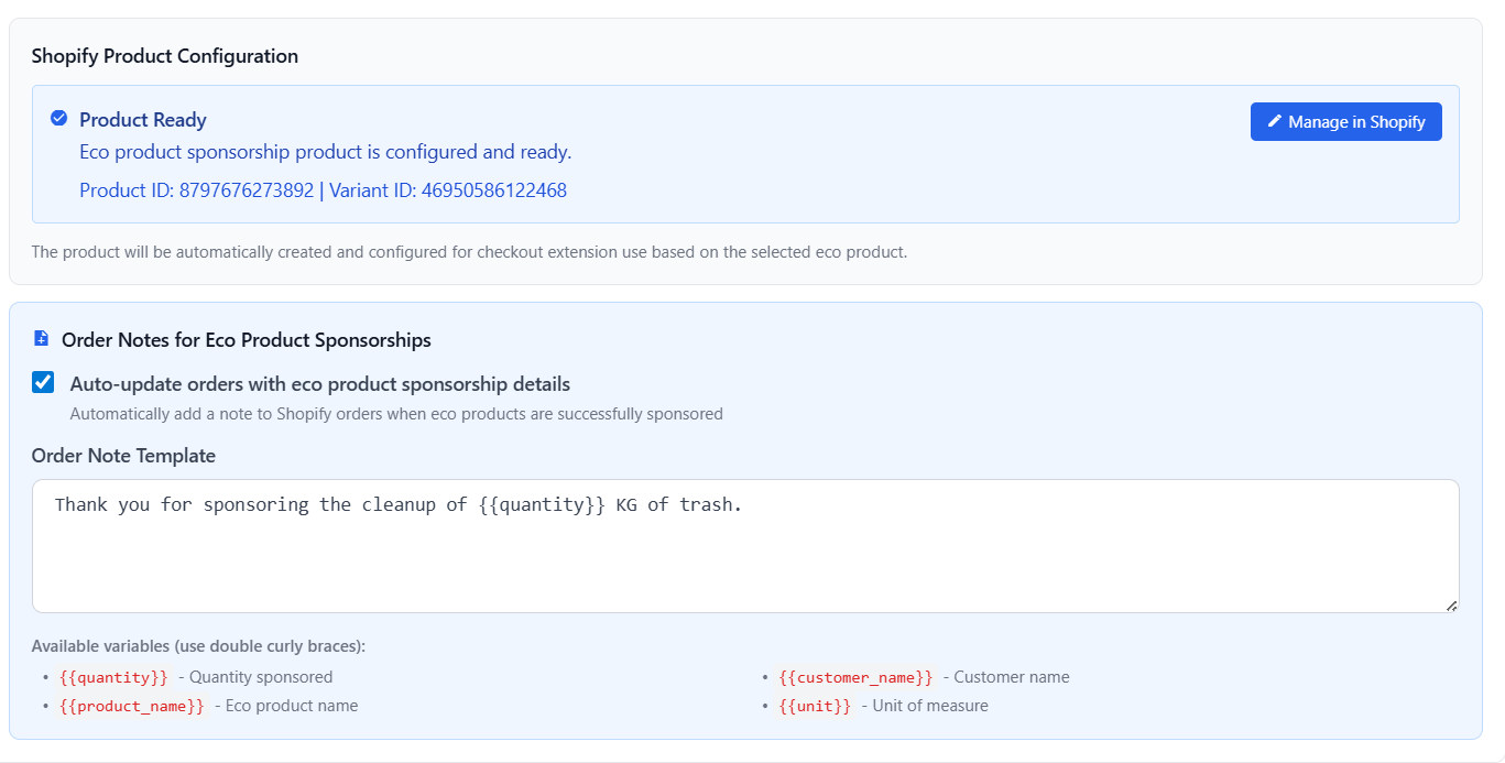 Order notes template for eco product sponsorship