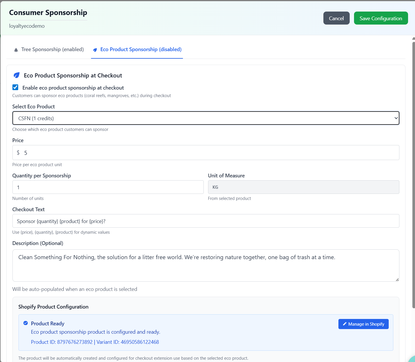 Eco product sponsorship configuration
