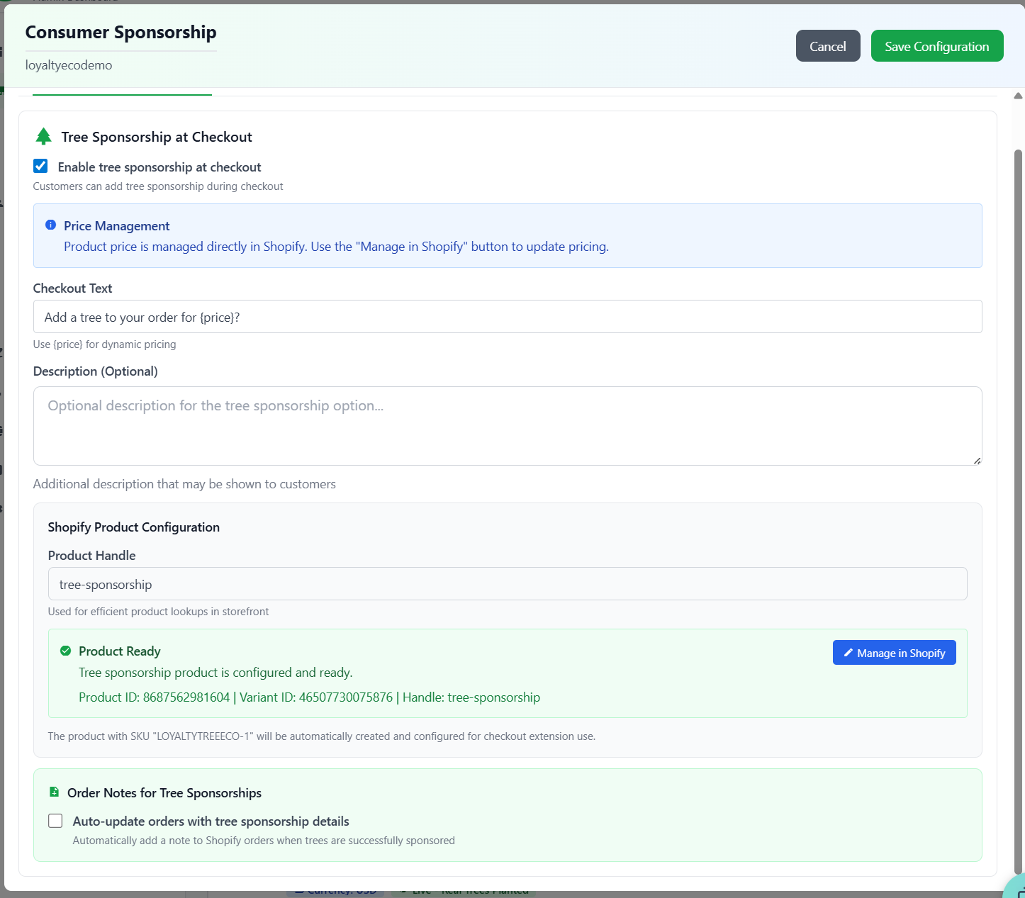 Tree sponsorship configuration settings