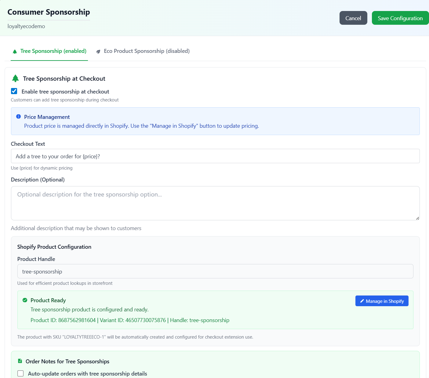 Enabled tree sponsorship feature